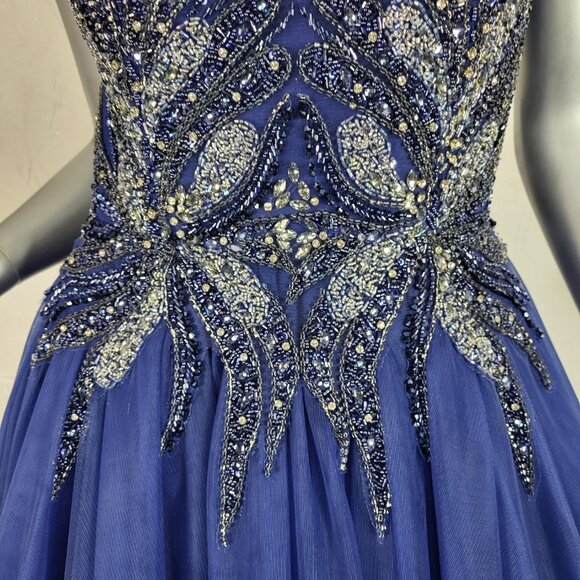 NWT~$625~FLAIR~6~BLUE BEADED EMBELLISHED FIT & FLARE PROM BALL GOWN MAXI DRESS - Picture 9 of 16